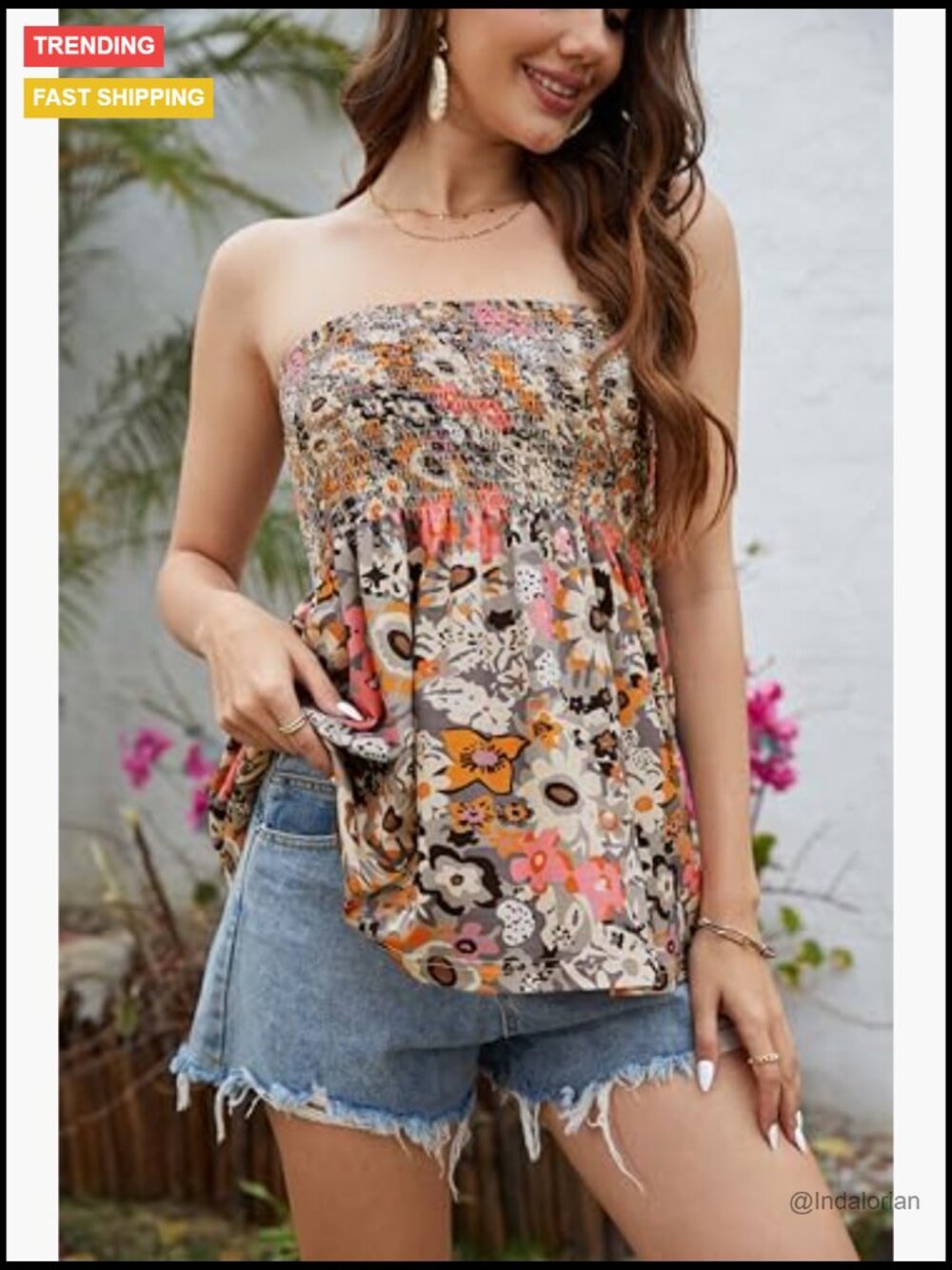 Smocked Floral Strapless Tank Top in Multi - Picture 2 of 7